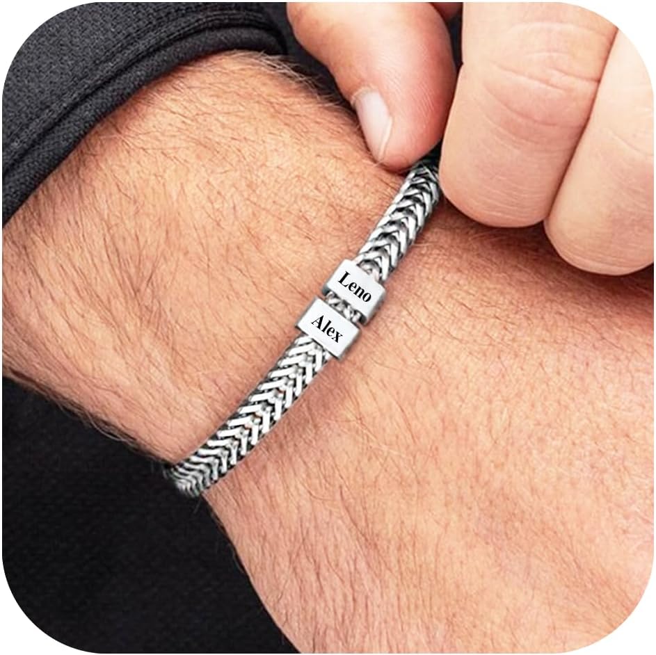 Fathers Day Custom Men Bracelet for Dad with Kids Name & Beads, Handmade Personalized Engraved Name Bracelet with Hip Hop Chain Personalized Family Gift for Husband,Grandpa from Daughter Son