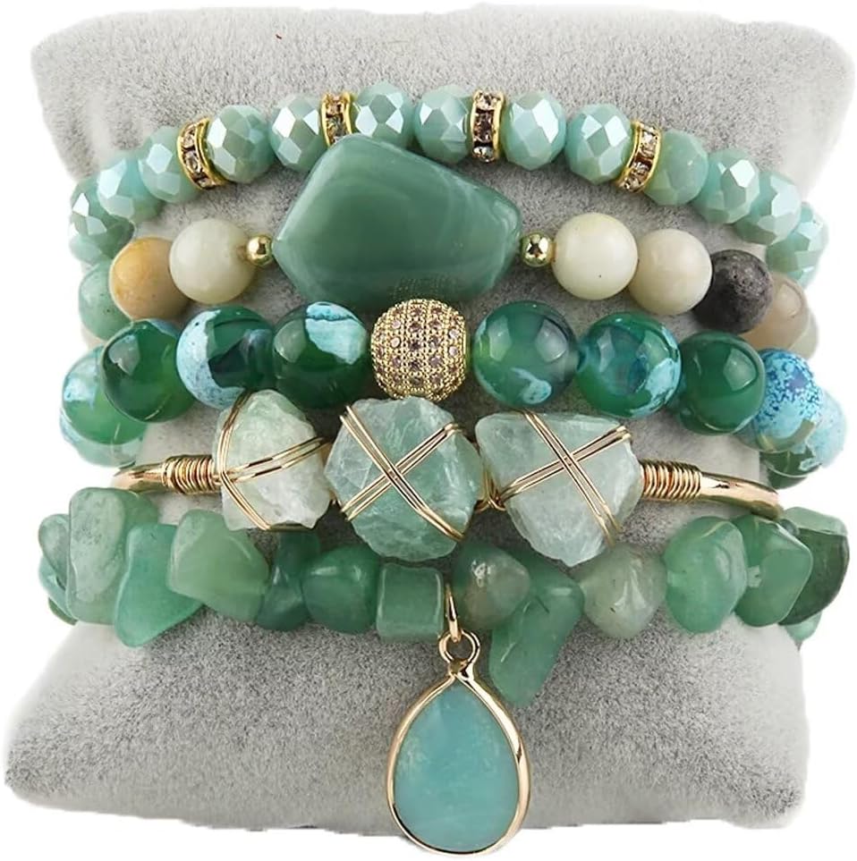 Yomisa 5PCS 6PCS Natural Boho Beaded Bracelets/Bangle for Women Men,Healing Turquoise Jasper Agate Crystal Gemstone Stone Chakra Multilayer Wrap Bohemian Handmade Jewelry Beads Stretch Bracelet Set