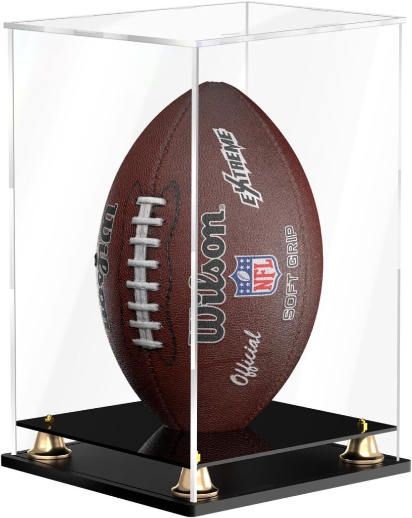 Football Display Case Full Size, Clear Acrylic Display Cases with Double Layer Black Base, Vertical Acrylic Transparent Box for Autographed Football Sports Collectibles Memorabilia