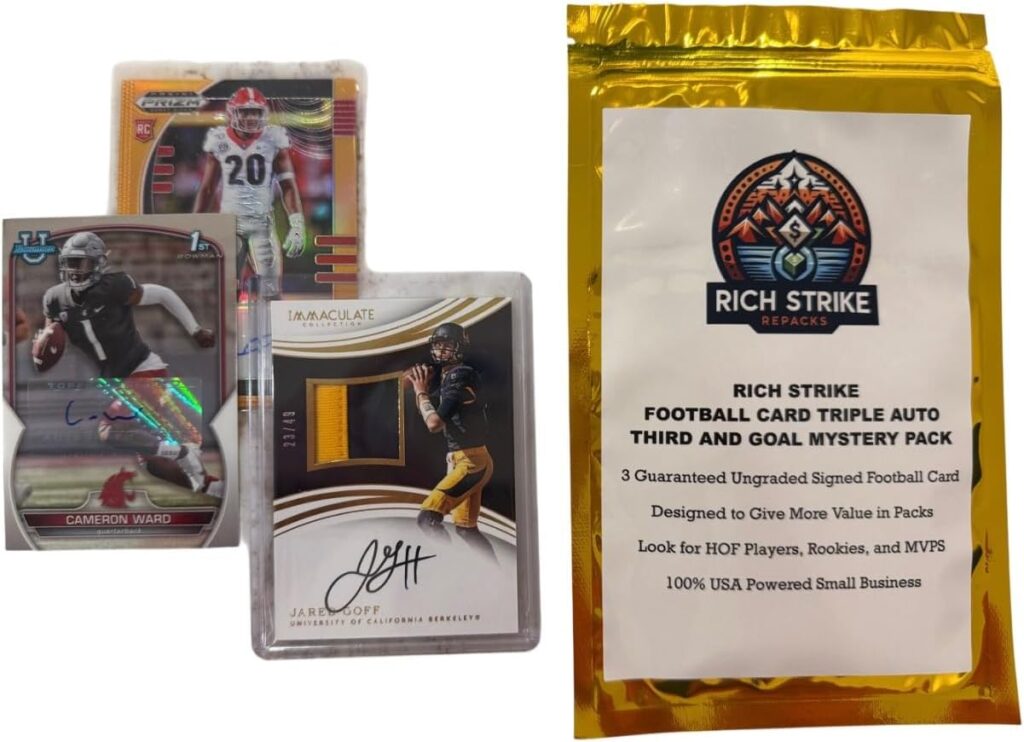 Rich Strike Football Card Triple Auto Third and Goal Mystery Pack. 3 Guranteed Autograph Football Cards.