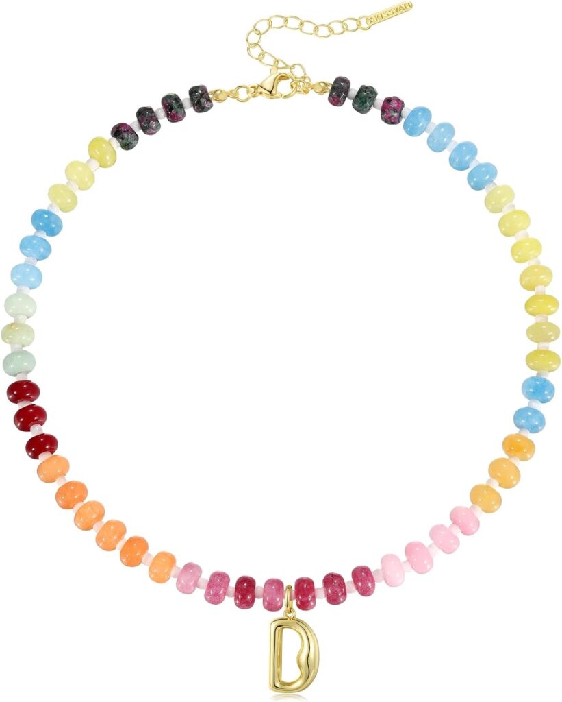 KissYan Initial Necklaces for Women, Colorful Beaded Gemstone Choker 14K Gold Bubble Letter Pendant Necklace Natural Stone Summer Beach Handmade Jewelry Gift