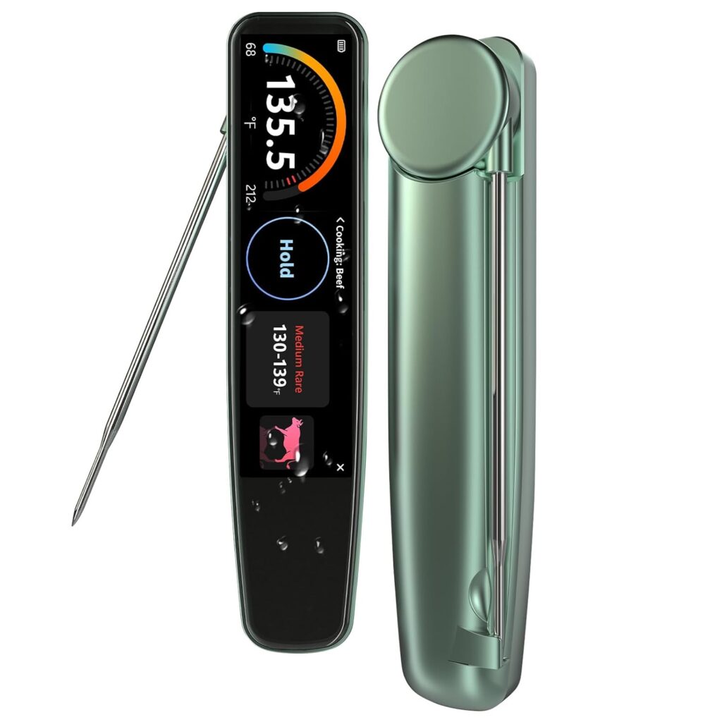 Smart Digital Meat Thermometer, 3.8 Inch HD Touchscreen with On-Device System, Rechargeable, IP68, 0.5-Sec Read ±0.5°F, −58–572℉ Instant Read Kitchen Food Thermometer for Cooking
