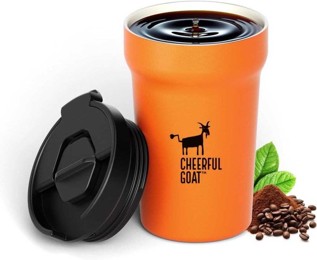 CHEERFUL GOAT Insulated Coffee Mug – Stainless Steel Travel Coffee Tumbler with Ceramic Liner, 12oz Coffee Cup for Hot and Cold Water Coffee at Home, Office, or On the Go (orange)