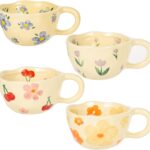 Ceramic Coffee Mug Vintage Flower Mugs 8 oz Cute Floral Coffee Mugs Irregular Latte Art Cup Lead-free Porcelain Cups for Cappuccino, Cocoa (4 Pack)