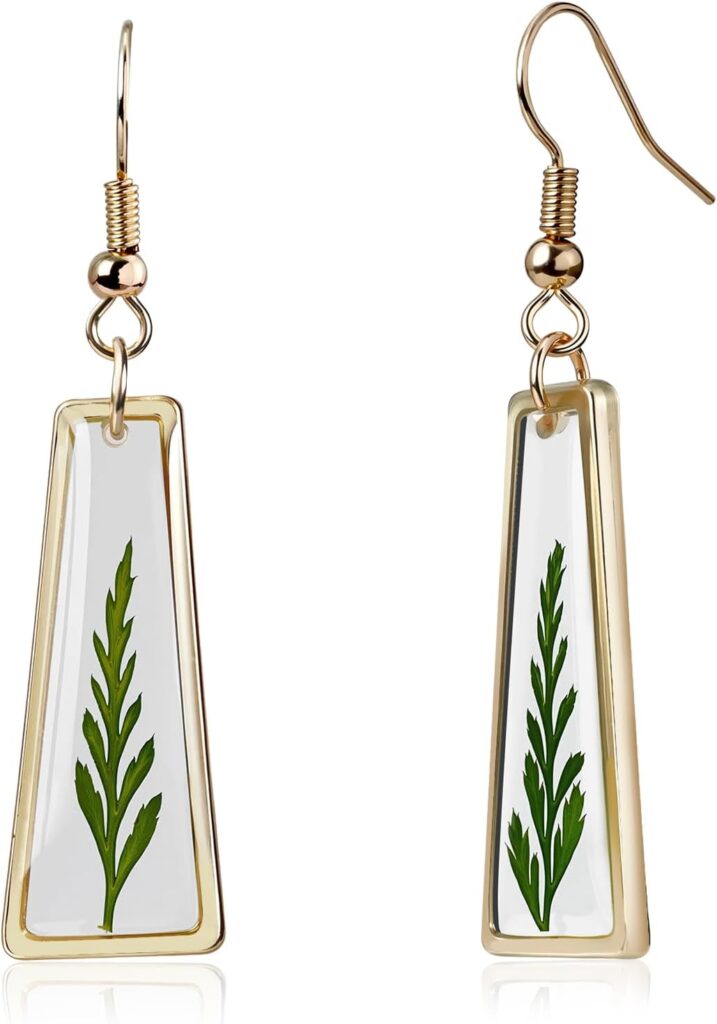 Handmade Pressed Green Leaf Earrings for Women 14K Gold Plated Natural Resin Dangle Leaf Earrings Unique Pressed Flower Jewelry