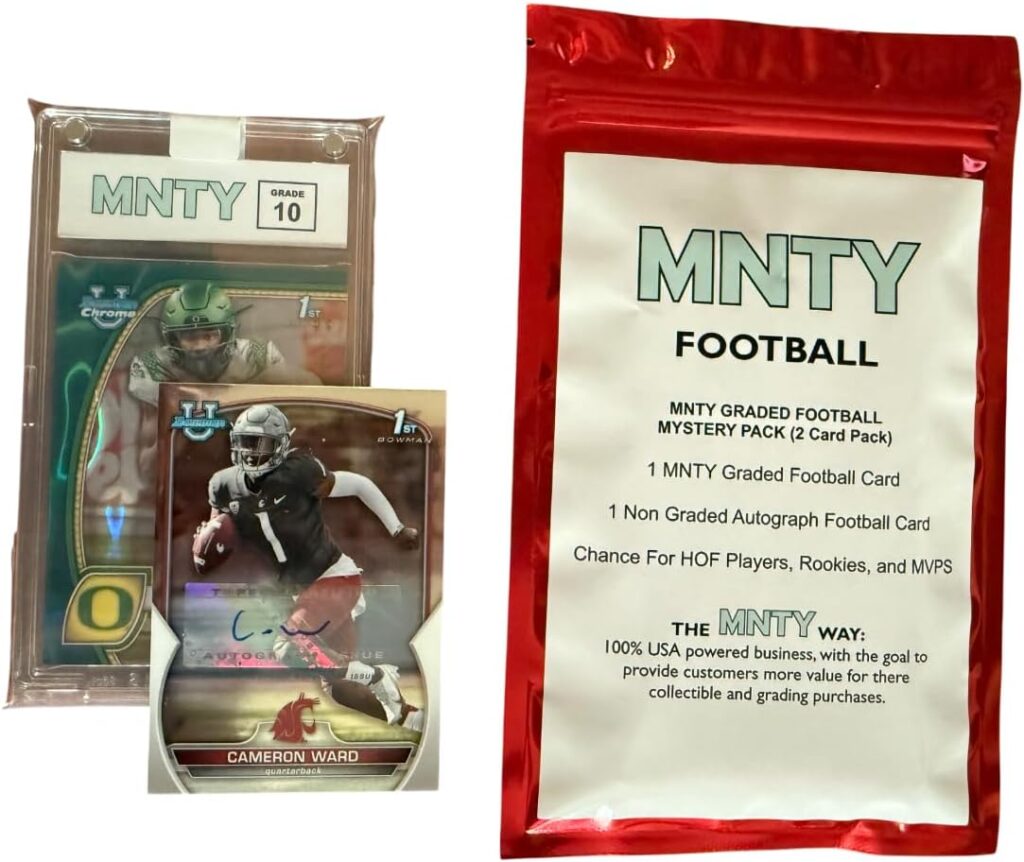 MNTY Football Card Mystery Pack, 1 Graded Card, 1 Non-Graded Autograph Card, Look for Hall of Fame Players, Rookies, MVPs, and Stars.