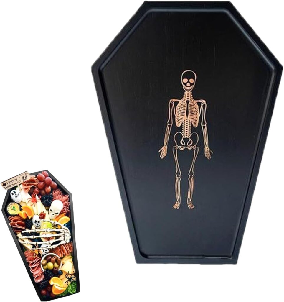 Halloween Wood Coffin Charcuterie Board, Gothic Coffin Platter with Engraved Skeleton Design, Goth Home Decor Serving Tray for Cheese Candy Snacks