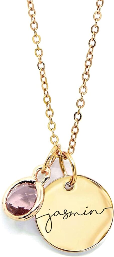 MignonandMignon Birthstone Name Necklace Personalized Gifts for Women Jewelry for Mom Gold Plated Pendant Charm, Custom Grandma Birthday Holiday Gifts -CN-BS-SH