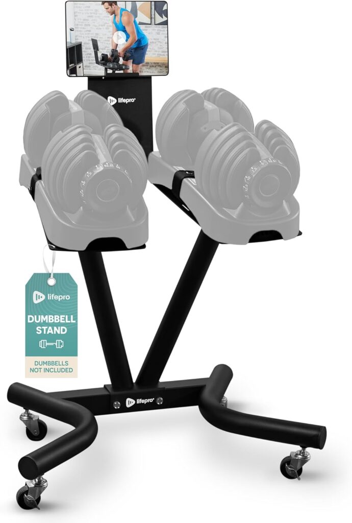 Lifepro Adjustable Dumbbell Stand Rack – Compatible with PowerFlow Plus, PowerUp Plus, and for More Brands- Phone Holder, featured Castors – Home Gym Storage and Convenient Strength Training