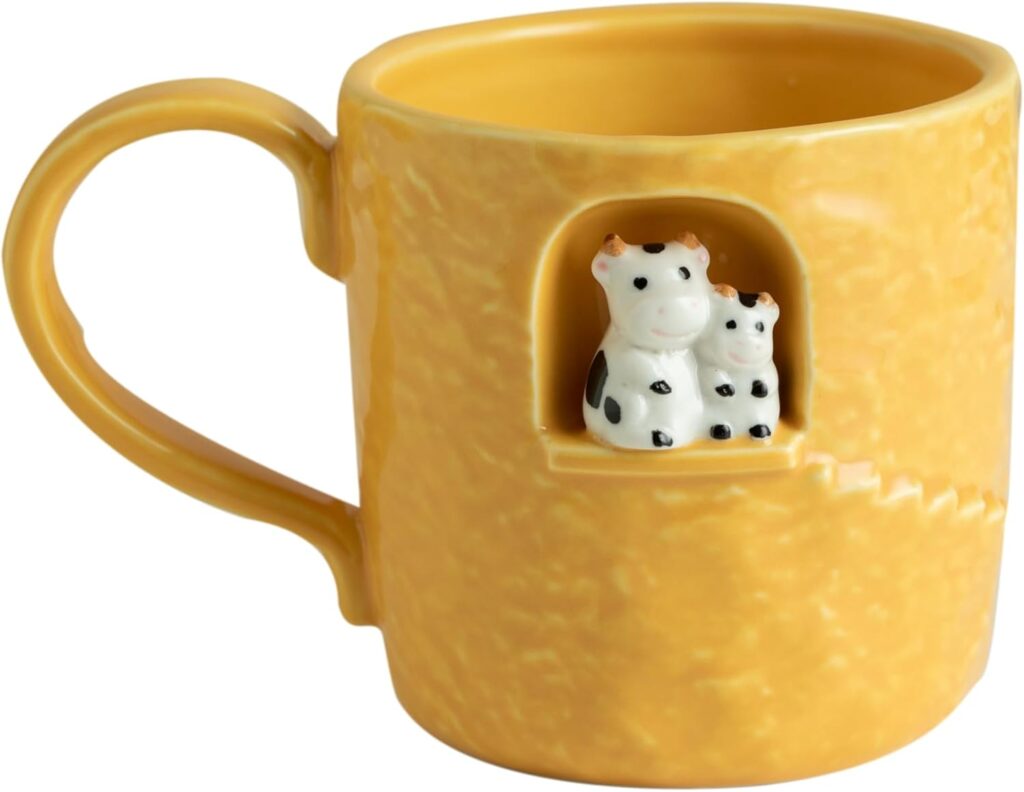 DIHOclub Ceramic Coffee Mug Family Theme Gift, Parent-Child Cow Design Handcrafted Tea Cup with Window Sill Sculpture, Perfect for Father’s Day,Mother’s Day,Birthday (14 OZ)
