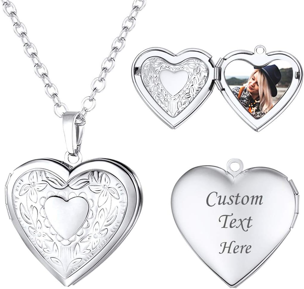 U7 Women Locket Necklace Platinum 14K Gold Photo Lockets that Hold Picture,Chain 20 Inch Personalized Gift Custom Love Heart Image Necklaces