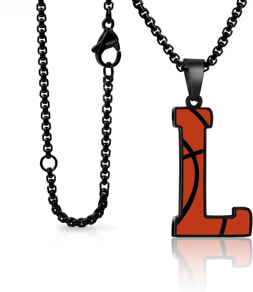 Basketball Initial Necklace for Men A-Z Letter Stainless Steel Charm Pandant 20+2 Inches Chain, Basketball Gifts for Youth Coach Players