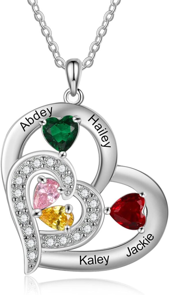 Gemszoo Personalized Heart Necklace with Pear-Shaped Simulated Birthstones Custom Name Mom Pendant Mother’s Day Jewelry Gift for Women Grandma
