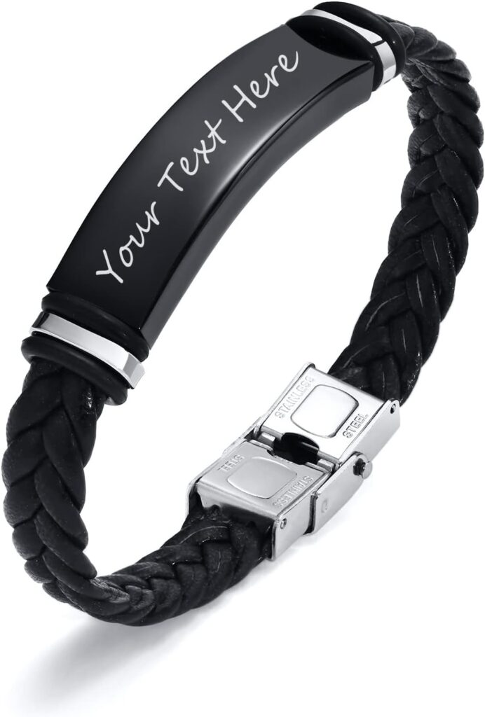 MEALGUET Personalized Leather Bracelet for Men: Braided Leather Engraved Name ID Wristband for Boyfriend, Husband, Dad – Custom Gift for Valentine’s Day, Birthday, Anniversary