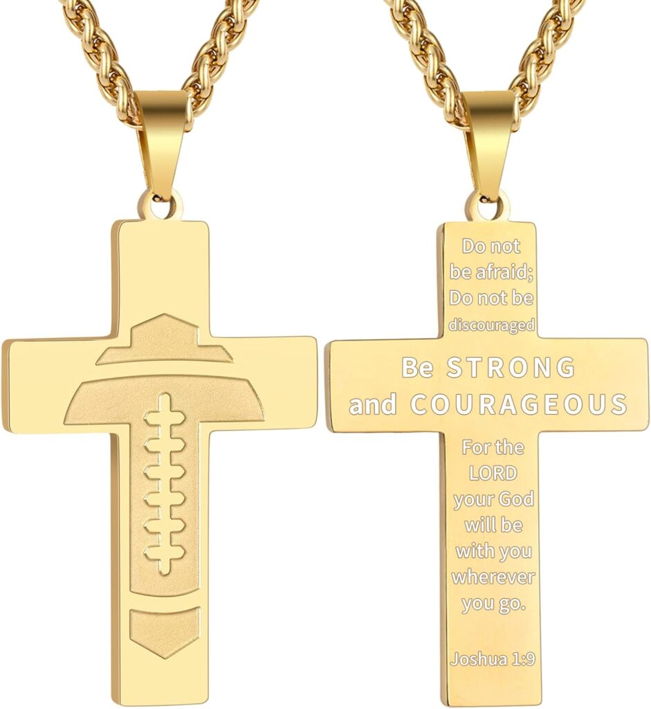 Football Cross Necklace for Boys Men Stainless Steel Bible Verse Pendant with 20+2 Inch Chain First Communion Baptism Religious Sports Jewelry Gift