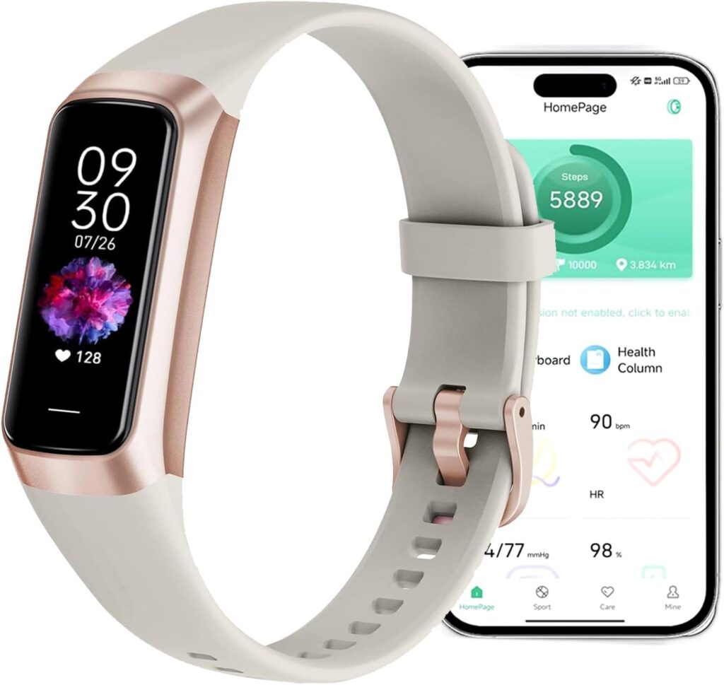 Fitness Tracker with 24/7 Heart Rate, Blood Oxygen Blood Pressure Sleep Monitor, Activity Trackers 5 ATM Waterproof,Step Calorie Counter Pedometer Health Smart Watch for Women Men (Beige)