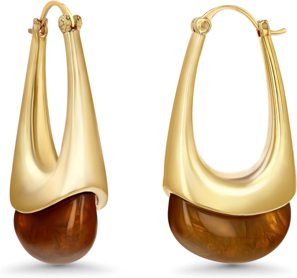 Long Oval Chunky Dangle 18K gold plated Hoops with Colored Resin Gemstone Statement Earrings for Women by SNGIA, (Green, Brown, Blue, Pink, White, Cream), Bold Drop Handmade Exaggerated Irregular Trendy Bohemian Jewelry Gifts, Unique Dangling Teardrop Baroque Stone Summer Beach Fashion Earrings Accessories, Round Vintage Thick Circular Nickle Free Huggies Hoop Earrings.