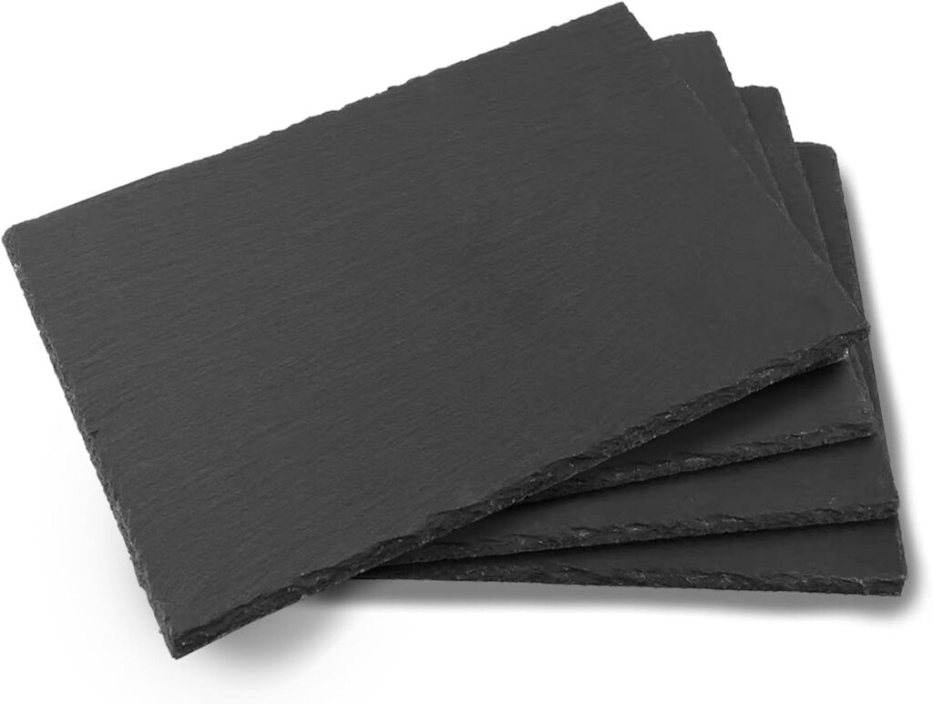 4 Pack 16”x12” Black Slate Cheese Board Slate Stone Plates with Natural Edge Square Serving Tray Coaster for Fruit Dessert Appetizer Cake Fruit Meat Kitchen Dining Party