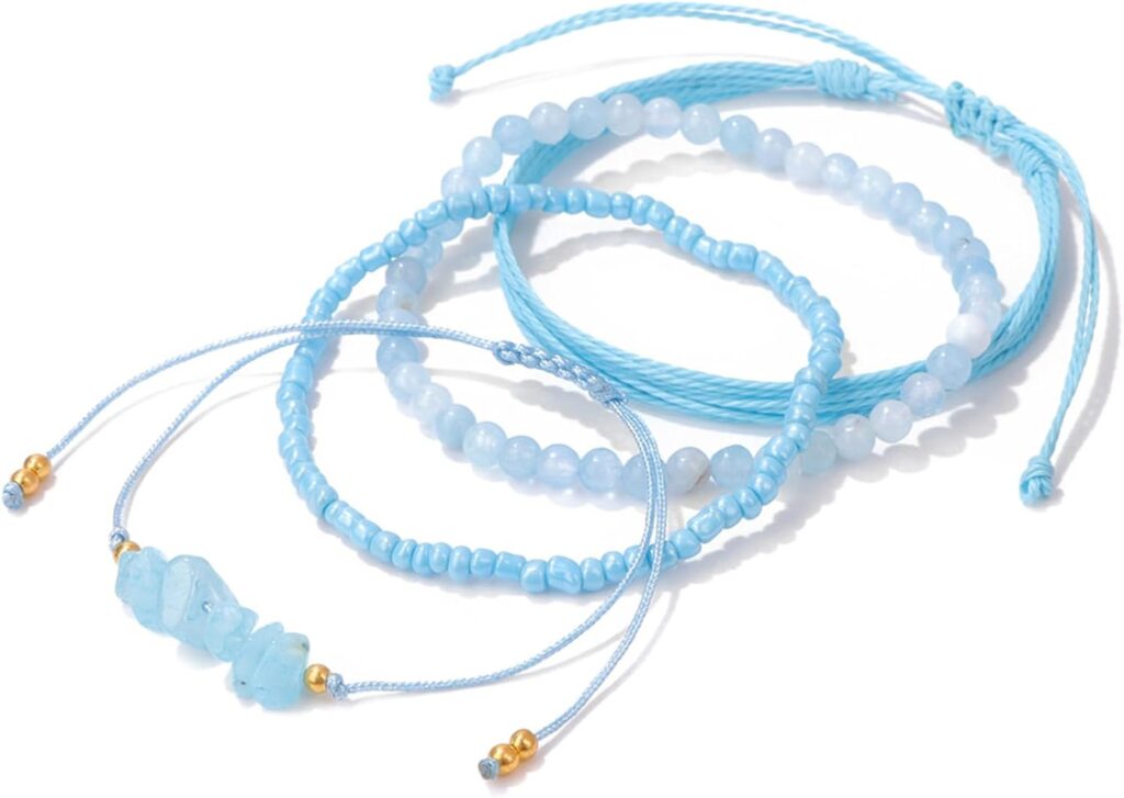 4Pcs Natural Stone Bead Bracelets for Women Healing Crystal Bracelet Boho Gemstone Bracelets Summer Woven Stretch String Bracelets for Women