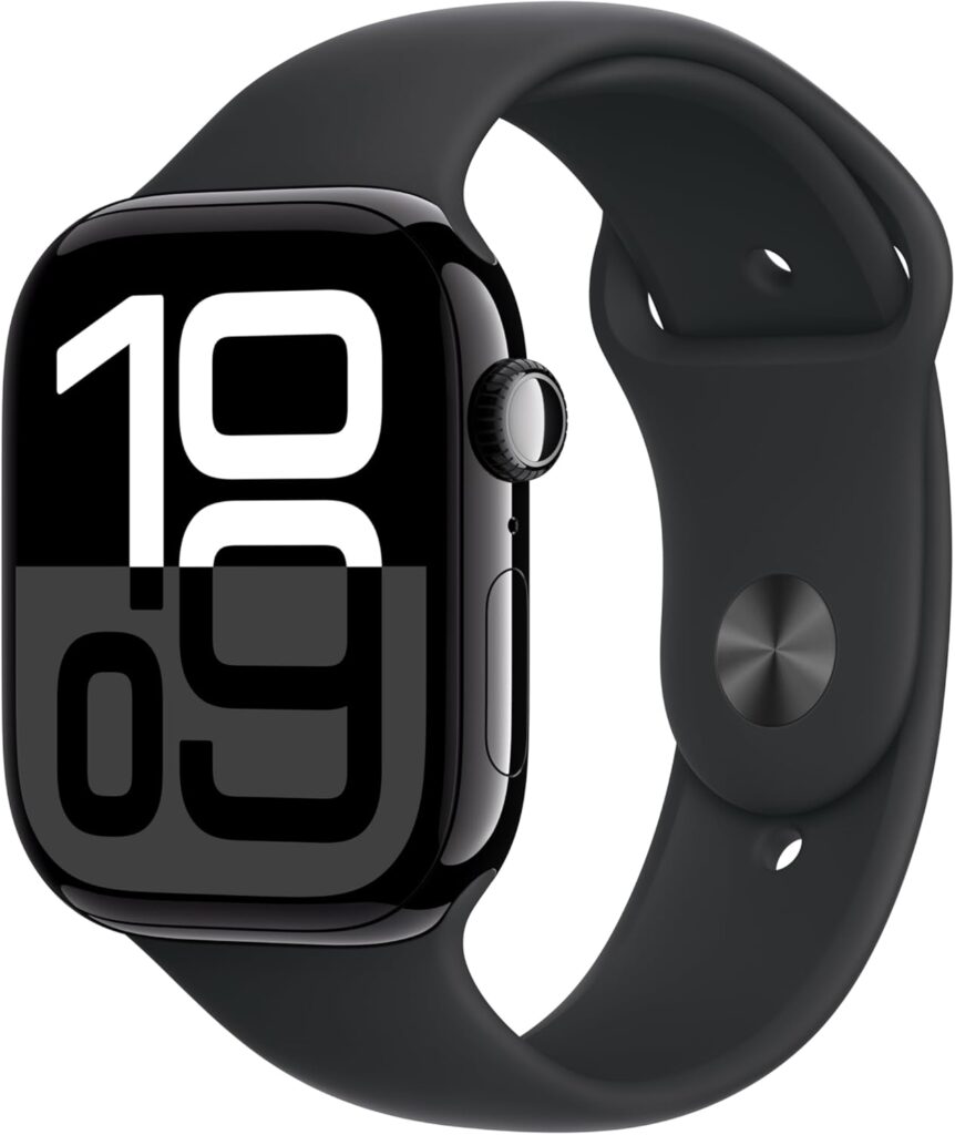 Apple Watch Series 10 [GPS 46mm case] Smartwatch with Jet Black Aluminum Case with Black Sport Band – M/L. Fitness Tracker, ECG App, Always-On Retina Display, Water Resistant