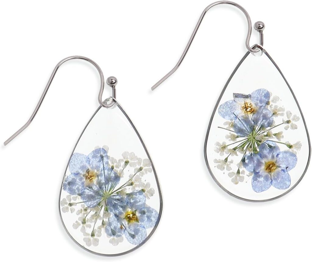 Jean Beau Handmade Pressed Flower Earrings for Women, Unique Resin Dried Flowers Sterling Silver Teardrop Dangle Drop Nature Floral Earings Fashion Summer Jewelry Gift