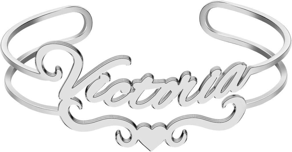 Personalized Name Bracelet Engraved Heart Custom Name Plated Open Cuff Bangle Bracelets for Women Girls
