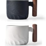 Ceramic Espresso Cup with Wooden Handle, 3oz, Microwave Safe, Porcelain, 2.08×1.85in, Hand Wash Only, Black&White