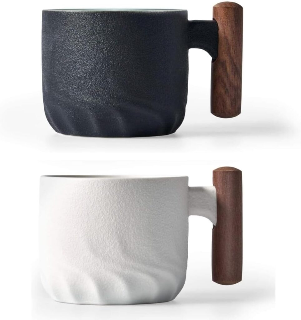 Ceramic Espresso Cup with Wooden Handle, 3oz, Microwave Safe, Porcelain, 2.08×1.85in, Hand Wash Only, Black&White
