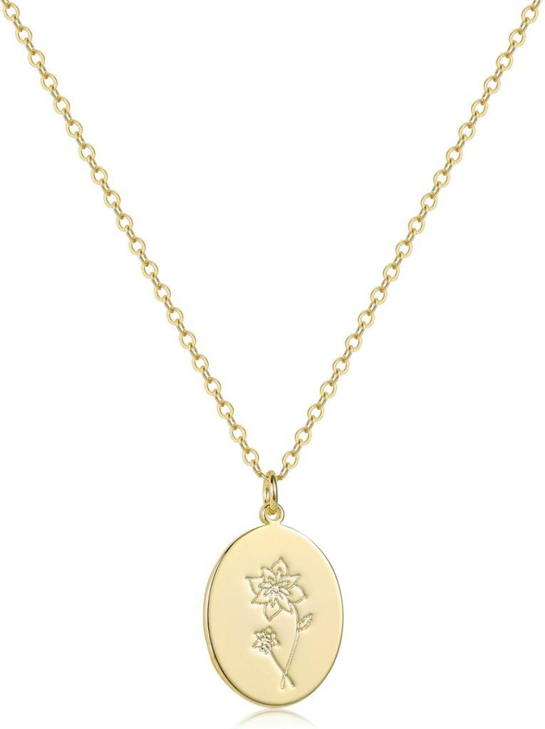 Oval Coin Pendant Necklace 12 Month Birth Flower Disc Necklace 14K Gold Plated Dainty Personalized Gift