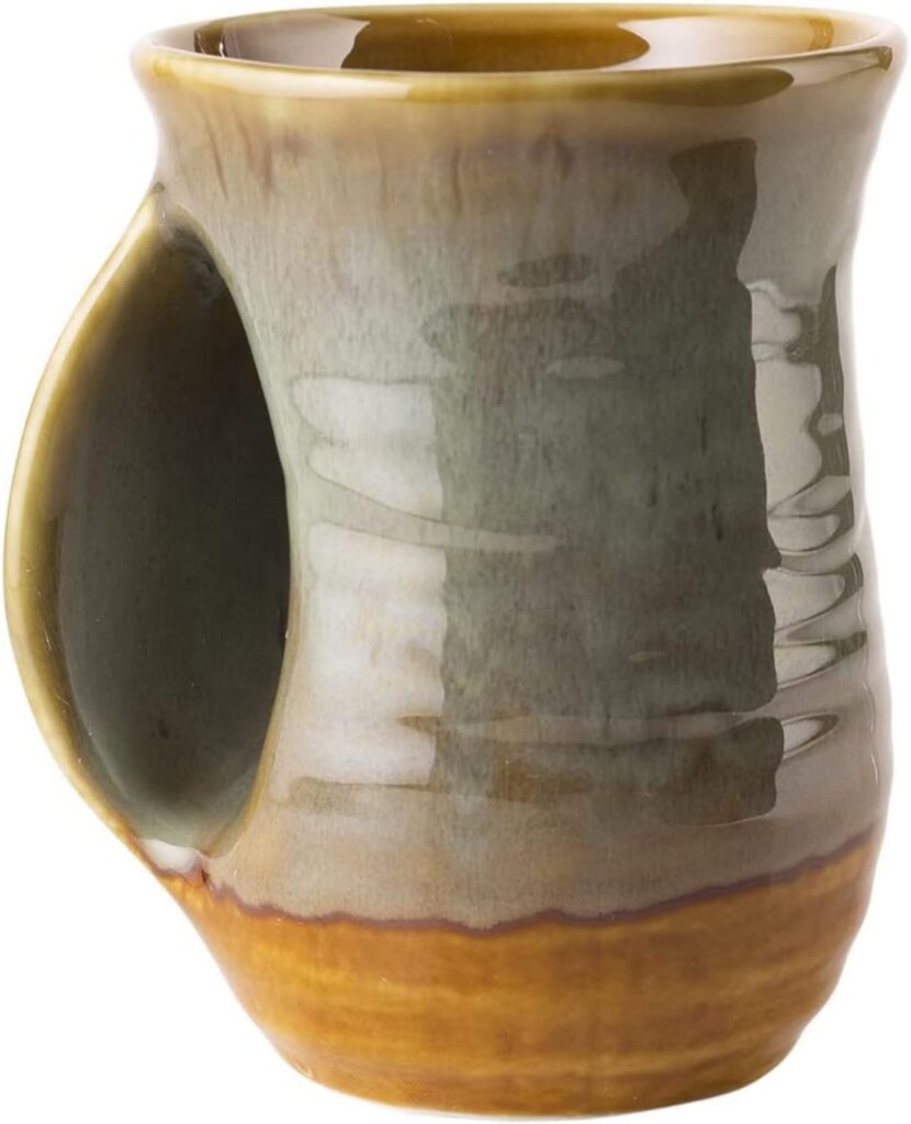 Hand Warmer Mug, Handmade Pottery Ceramic and Hand Painted – The Contoured Pocket will Hold Warmth From The Heat Of Your Drink To Keep Your Fingers Warm, Comfy Handwarmer (Desert Green) (Left hand)
