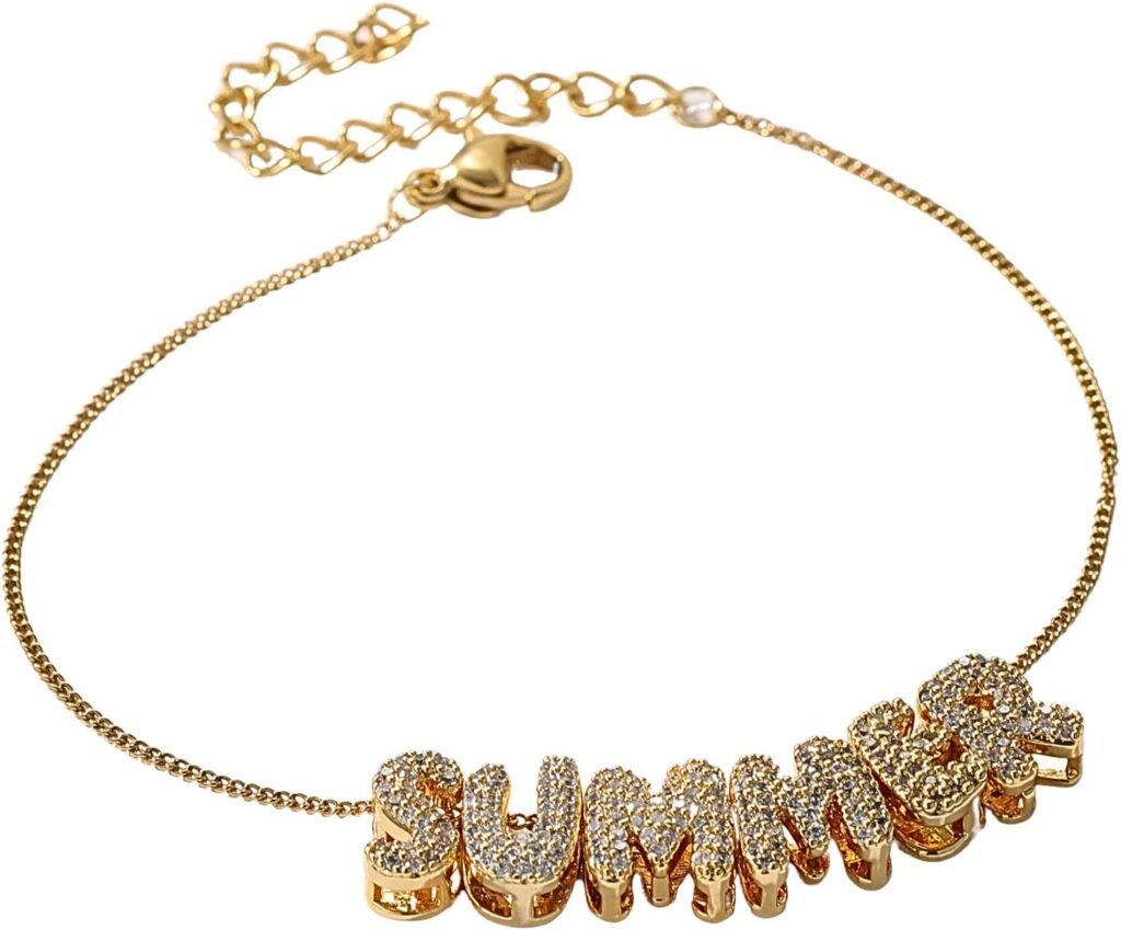 Bubble Letter Name Bracelet – Custom Name Bracelet – Personalized Initial Bracelets For Women – Cubic Zirconia Bracelets – Adjustable Chain – Gift For Her