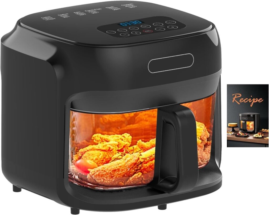 Glass Air Fryer, 7.6QT with Transparent Fry Bowl, Circulating Heating, Temperature Control, Air Fryer Roast, Dishwasher Safe (Black)