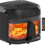 Glass Air Fryer, 7.6QT with Transparent Fry Bowl, Circulating Heating, Temperature Control, Air Fryer Roast, Dishwasher Safe (Black)