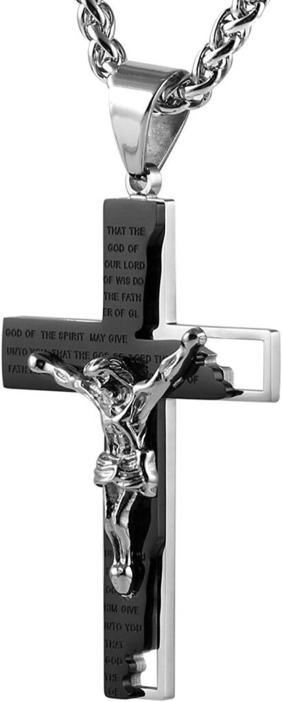 HZMAN Men’s Stainless Steel Cross Crucifix Bible Prayer Pendant Necklace 22+2″ Chain