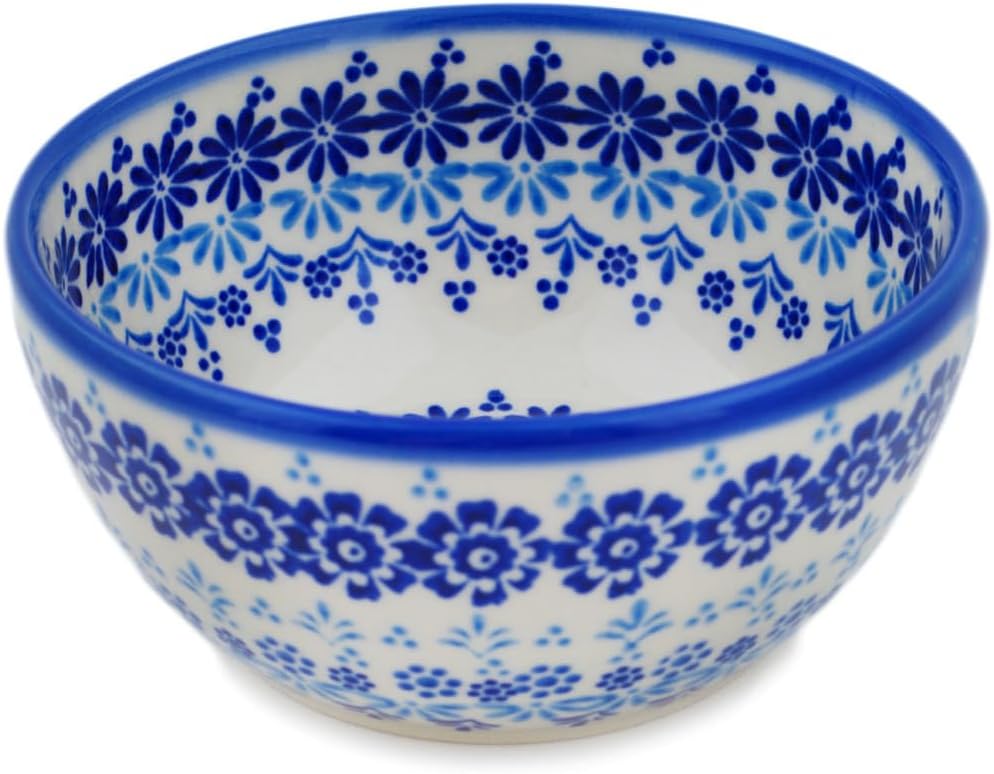 Authentic Polish Pottery Bowl 5-inch in Blue Magnificence Design Handmade in Bolesławiec Poland + Certificate of Authenticity