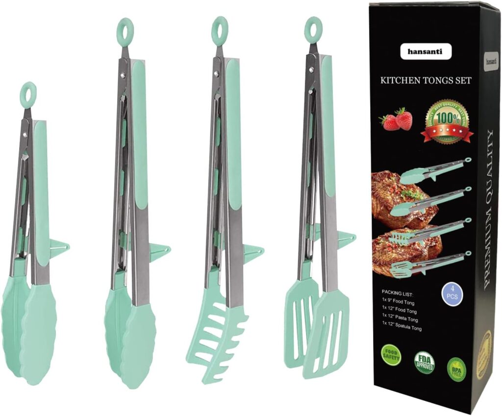 4 Pack Silicone Kitchen Cooking Tongs Set, Stainless Steel Nonstick Food Tong with BPA Free Silicone Tips for Serving Pasta Spaghetti Steak Pie Pizza Salad Vegetable Fruit Grilling BBQ Buffet 9″ & 12″