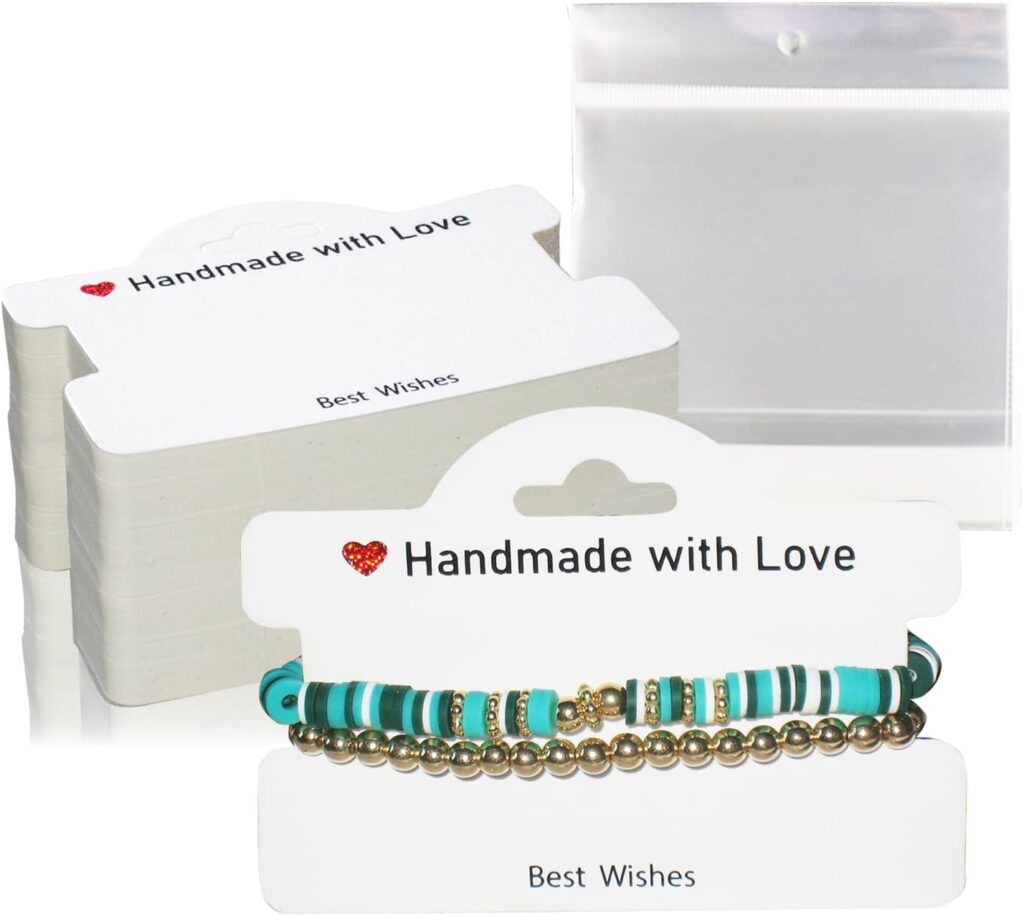 104 Set Bracelet Packaging for Small Business, Display Cards with Clear Bags, Handmade with Love Hanging Jewelry Cards, Tags, Business Supplies for Selling Necklace, Earrings (White)