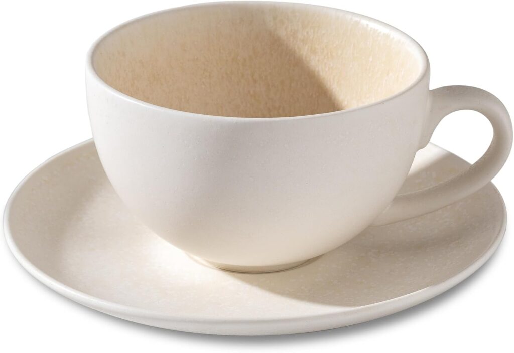 Ceramic Latte Art Mug With Saucer – 10 oz, Round Bottom For Perfect Pours – Cafe Cups for Cappuccino, Espresso, Coffee, Tea – Handmade Porcelain Set for Baristas, Great Gift – Apricot