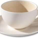 Ceramic Latte Art Mug With Saucer – 10 oz, Round Bottom For Perfect Pours – Cafe Cups for Cappuccino, Espresso, Coffee, Tea – Handmade Porcelain Set for Baristas, Great Gift – Apricot