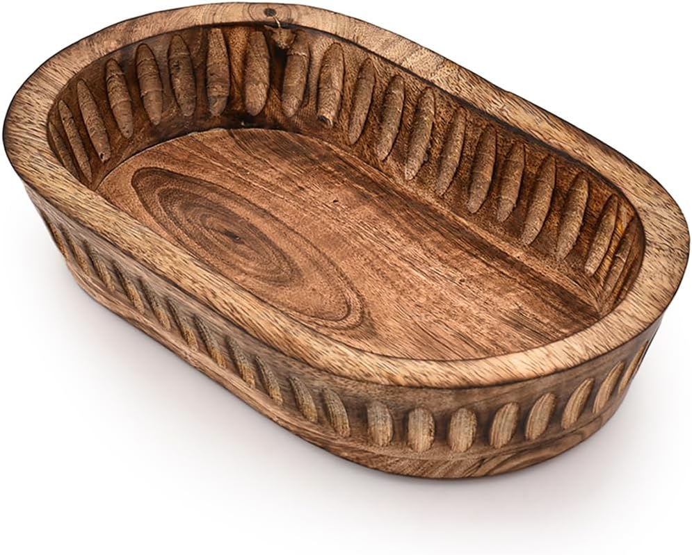 Kaizen Casa Decorative Bowl Mango Wood for Home Decor, Unique Centerpiece Bowl, with Hand Carved Vertical Stripes for Home Decor, Bathroom, Kitchen Counter, & More (10″ x 6″ x 2″)