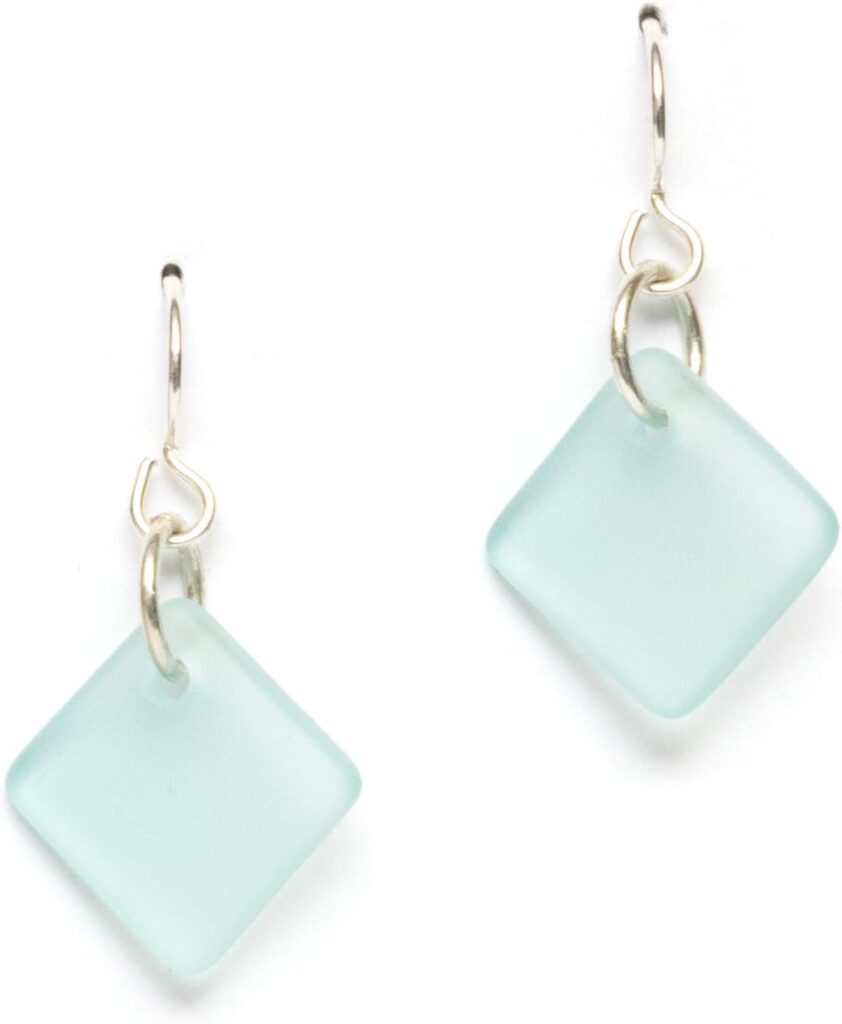 Delicate Diamond Sea Glass Earrings, Beach Glass Earrings for Women by EcoSeaCo, using sustainable, recycled and repurposed material. Handmade Jewelry in the USA