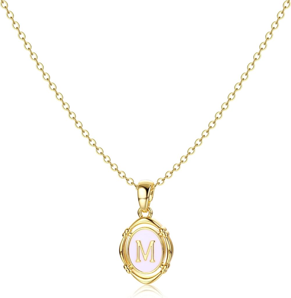 Krfy Initial Necklaces for Women – Dainty 14K Gold Plated Charm Necklaces Oval Letter White Enamel Personalized Name Necklaces for Women Trendy Necklace Jewelry