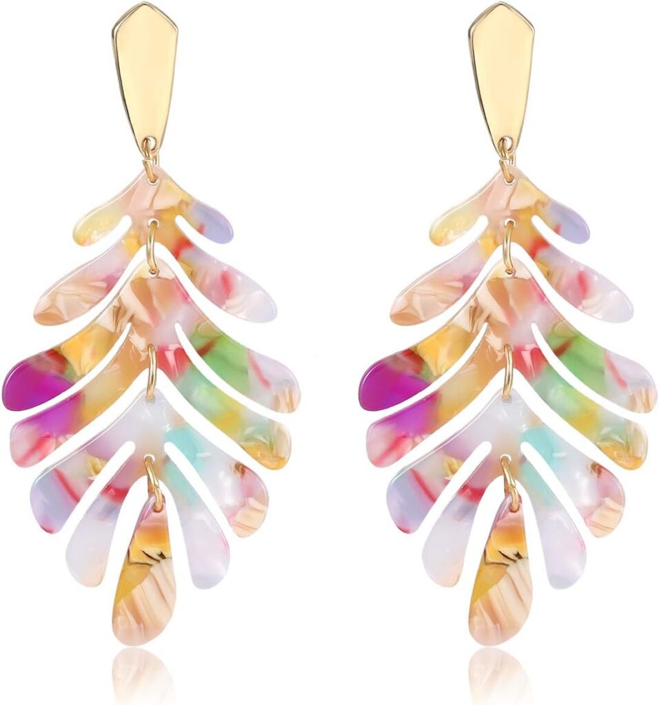 Acrylic Pendant necklace Earrings – Long Statement Leaf Charm Necklace Tortoise Resin Palm Leaf Earrings Fashion Necklaces Earrings for Women