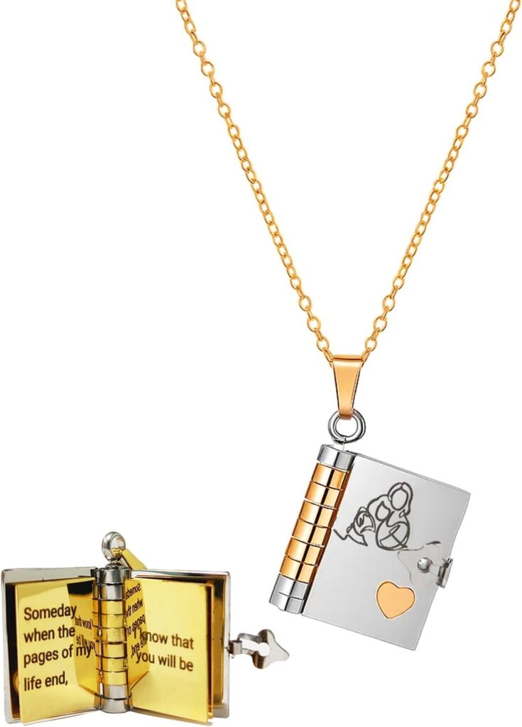 Granddaughter Book Necklace, For Granddaughters – The Most Beautiful Chapter Books Adjustable Silver Gold Book Pendant with 6 Pages Engraved Information Jewelry Gifts from Grandma