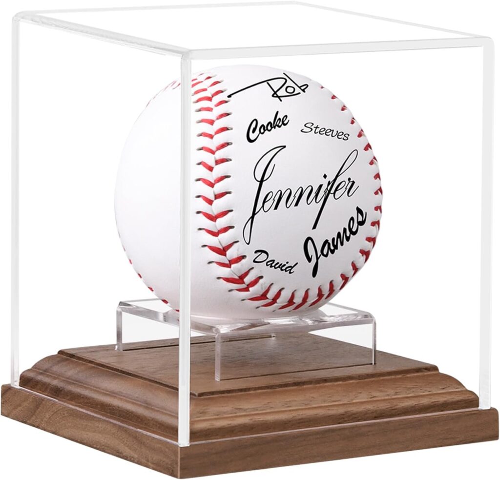 Baseball Display Case Walnut Wood Base Acrylic Baseball Case Display for Balls Uv Protection Baseball Holder Cube Box Stand Memorabilia Autograph Ball, Ideal Gift for Official Size Ball Display