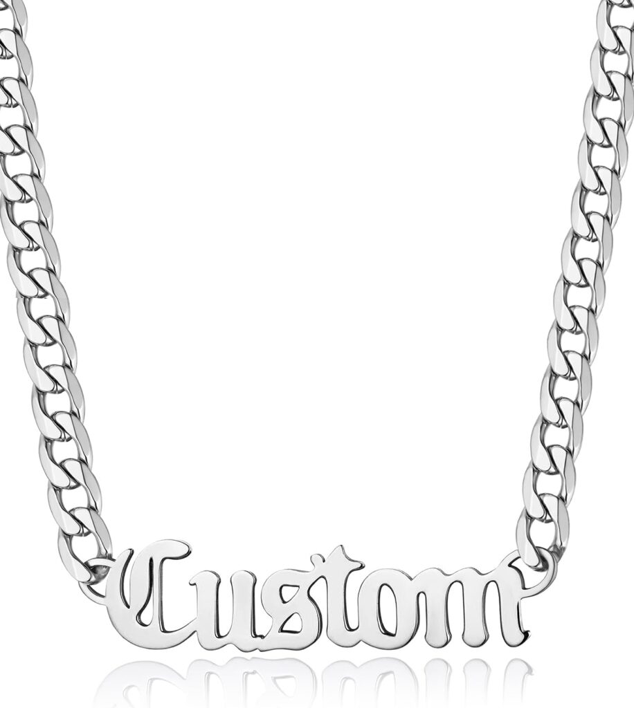 GoldChic JEWELRY Name Necklace Personalized for Men, Womens Custom Name Plate Chain, Stainless Steel Customized Old English Nameplate Choker with Curb Chains Custom, 16 inches to 30 inches