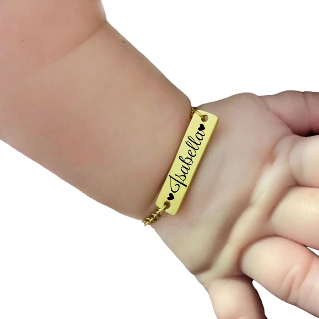 Personalized Dainty Baby Name Gold Bar Bracelet – Hypoallergenic – Custom Engraved Babies Name – Newborn to Children Sizes