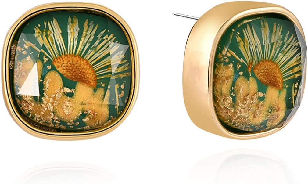 Flower Earrings for Women Handmade Earrings with Metal Gift Box, Vintage Earringsfor Women Jewelry, Geometric Dangle Earrings with Gold Leaf and Real Flower