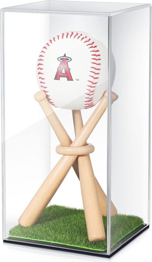 Mudder Baseball Display Case and Wood Stand Acrylic Baseball Holder Acrylic Box with Grass Pad for Ball Display Mini Wooden Bat Showcase Holders for Memorabilia Autograph Ball(1 Pack)