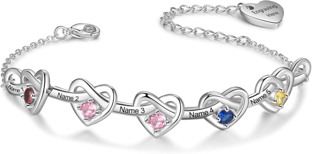 Personalized Birthstone Bracelets for Women- Heart Charm Name Bracelet with 2-6 Birthstones Jewelry- Mothers Day Christmas Birthday Gifts for Mom Wife Grandma